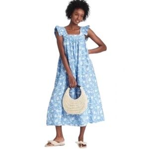 Blue Patterned Square Neck Midi Dress